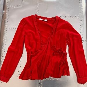 LOFT Red Wrap Blouse with Ruffle Trim